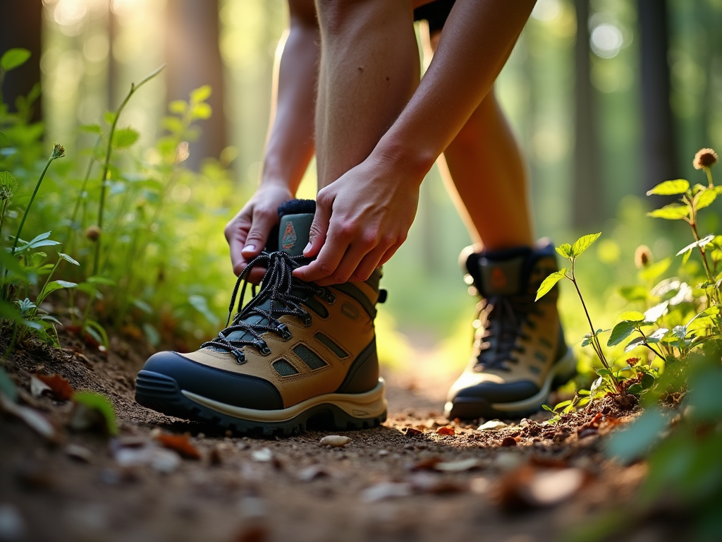 Osoba wiąże buty trekkingowe na ścieżce w lesie, otoczona zielenią i światłem słonecznym.